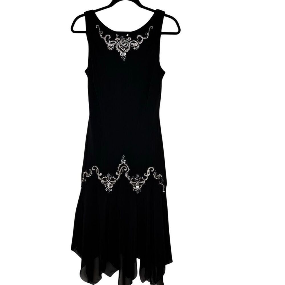 SL Fashions Blk Chiffon Y2K Embroidered Dropped Waist Handkerchief Hem Sz12